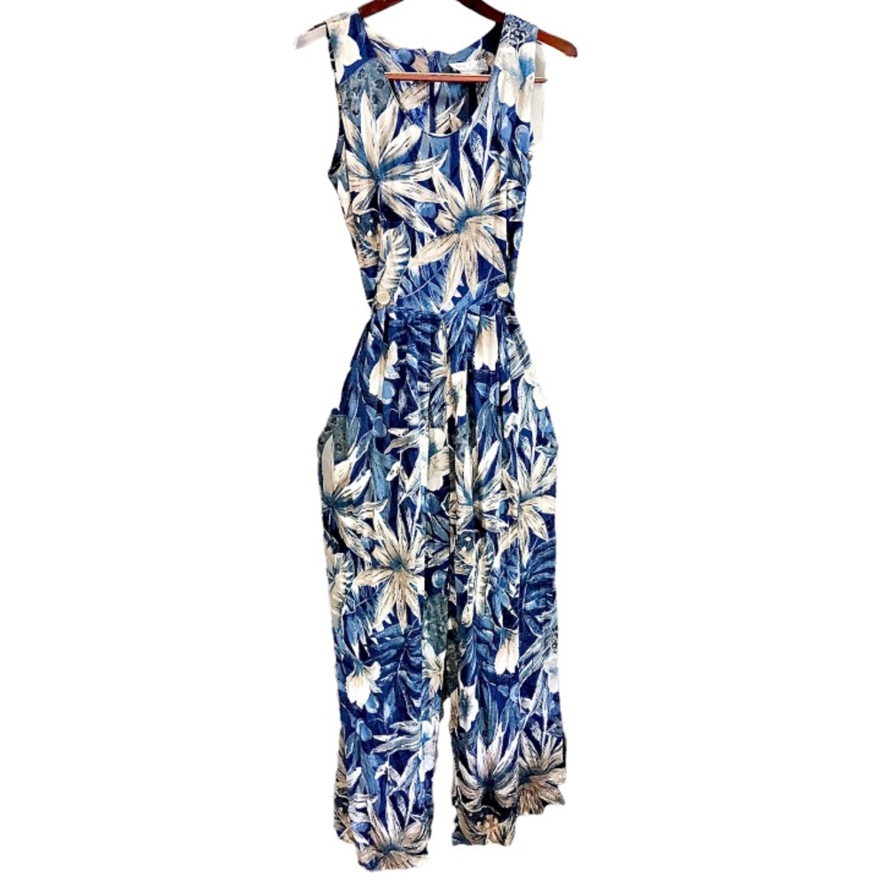 Vintage TALL GIRL jumpsuit one piece tropical floral extra wide flowy legs